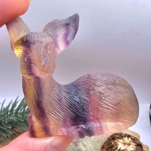 Nature Rainbow Fluorite Hand Carved 2.2" Deer Figure - Picture 4 of 10